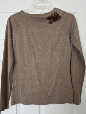 Polo Ralph Lauren Petite Medium Neutral Taupe Long Sleeve Sweater Buckle Accent